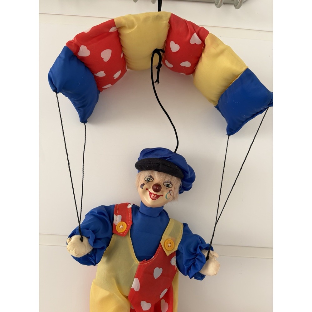 Vintage Happy Clown with Hanging Parachute Purple Yellow Red Heart Print Toy - Picture 2 of 9